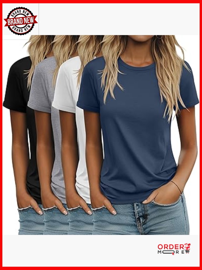 4 Pack Cotton Tunic Tops Crewneck Short Sleeve Loose Fit Tees
